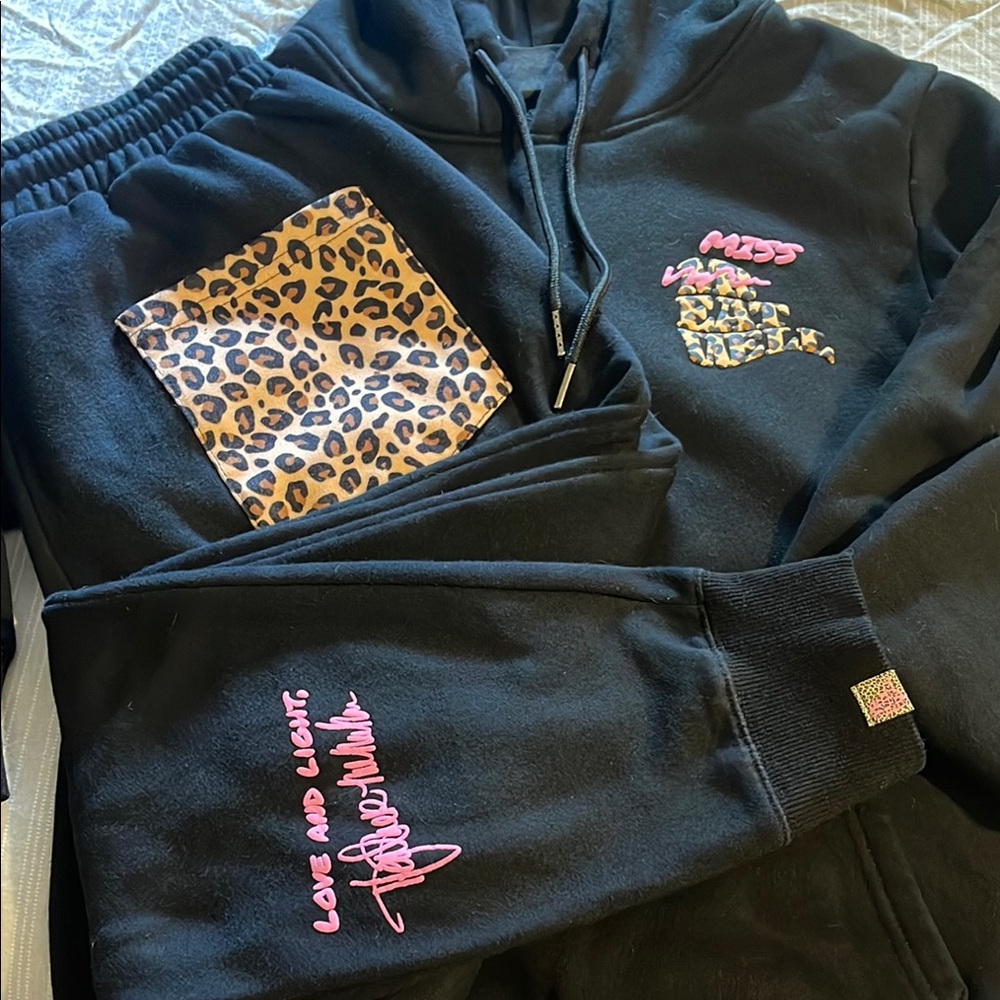 Miss Eatwell x Heather McMahan Black Hoodie and Joggers Set with Leopard Print